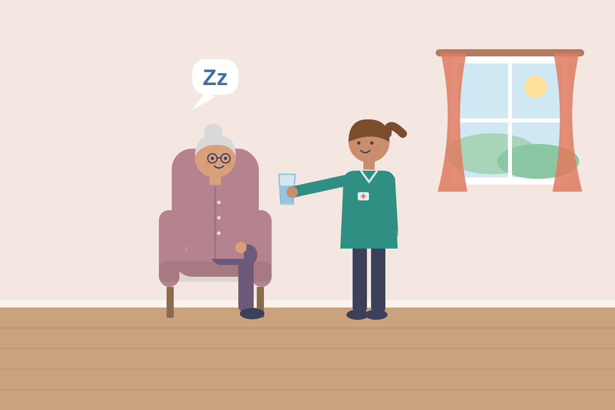 Zmęczona seniorka w fotelu, opiekunka podaje jej szklankę wody