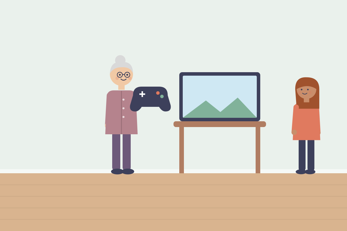 Seniorka gra na konsoli przed telewizorem