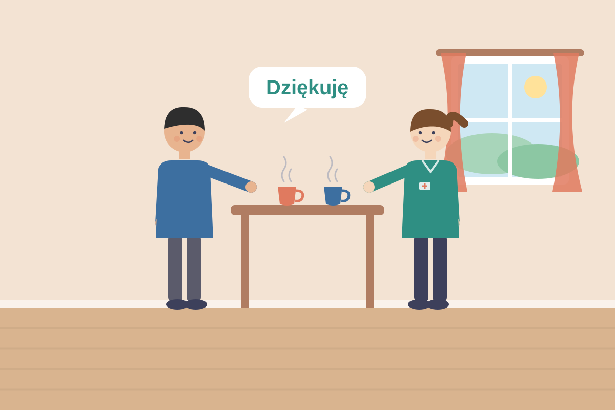 Członek rodziny dziękuje opiekunce przy herbacie