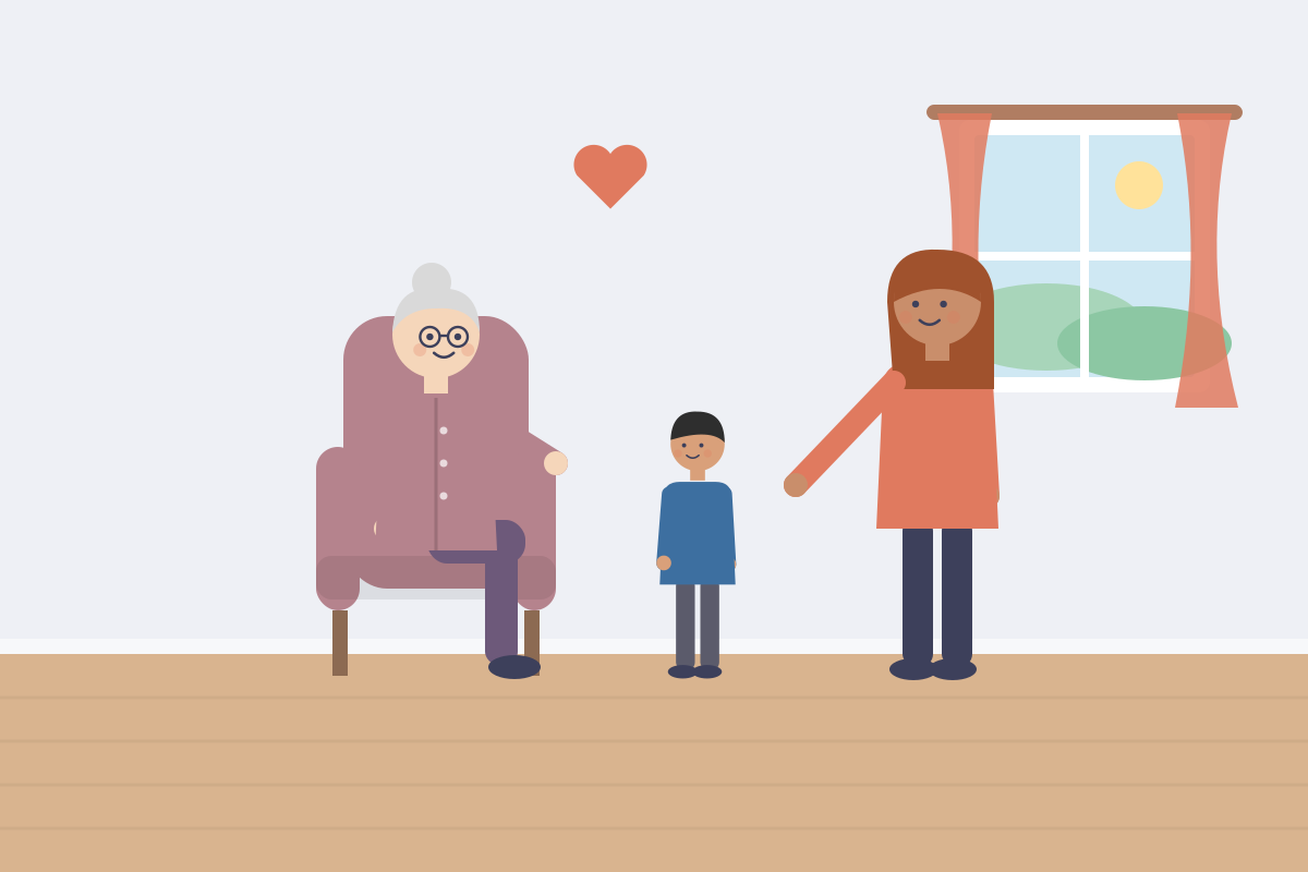 Mama z dzieckiem siedzą obok seniorki w fotelu