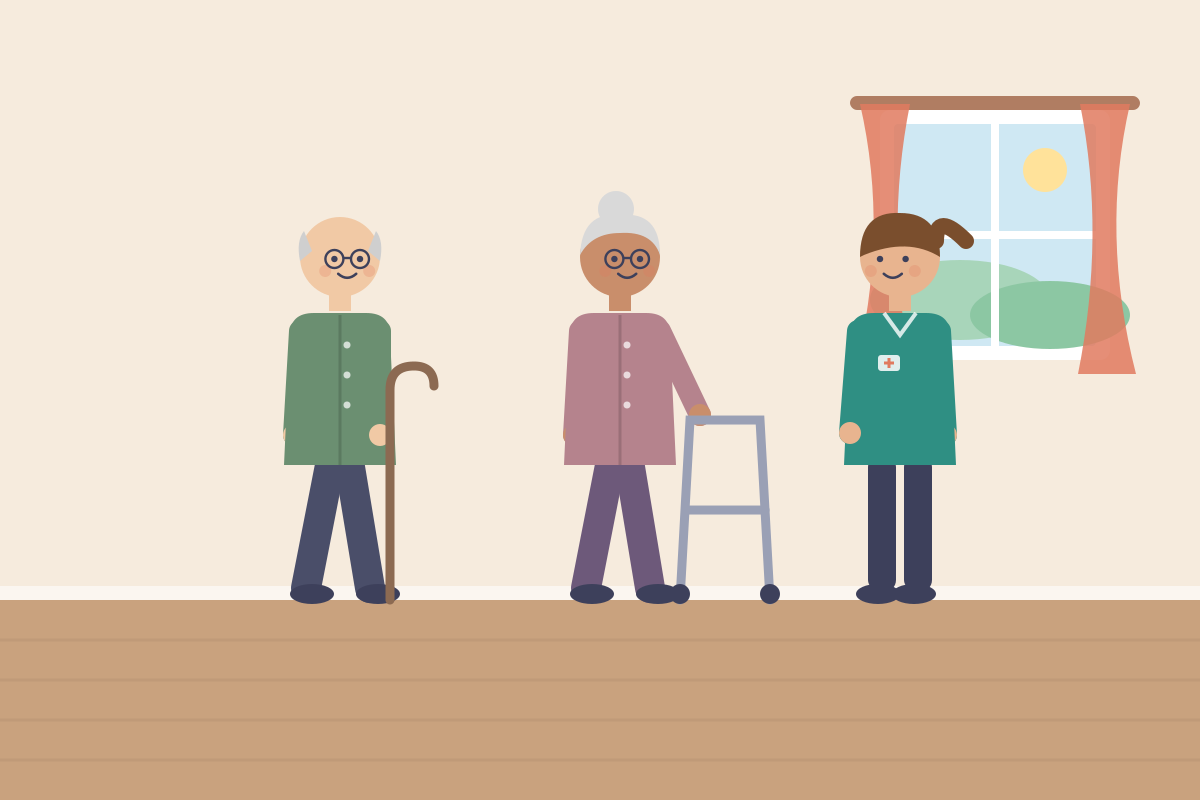 Senior z laską i seniorka z balkonikiem z opiekunką