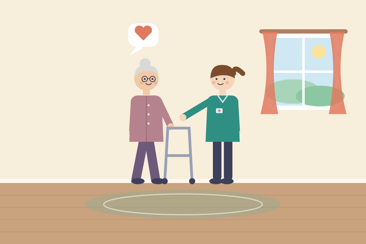 Seniorka z balkonikiem idzie z opiekunką