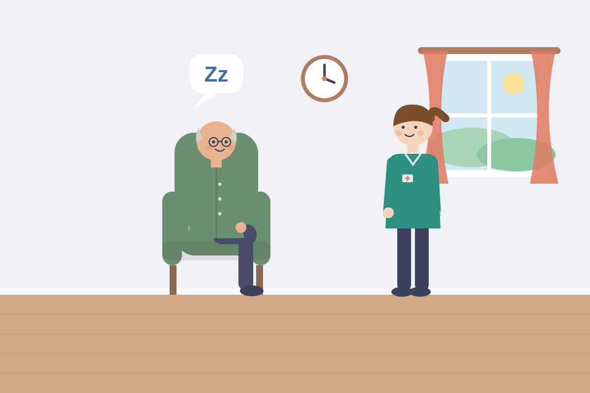 Senior drzemie w fotelu, na ścianie zegar