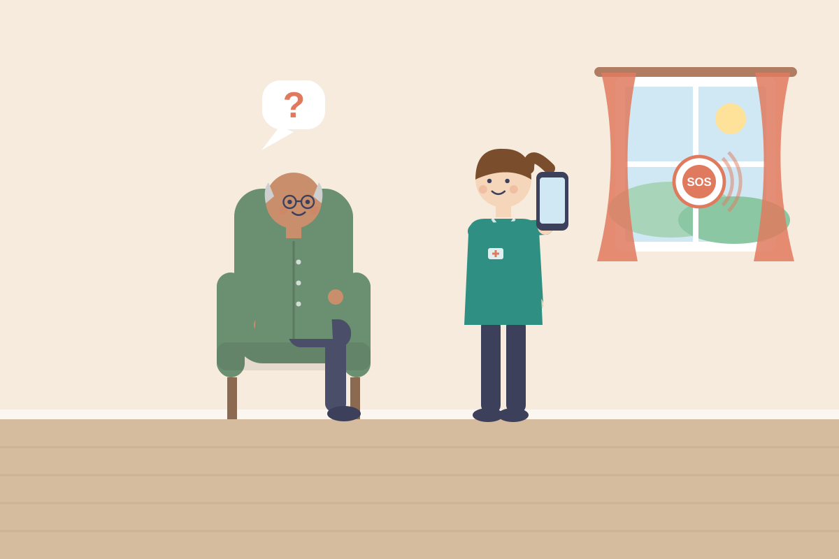 Opiekunka przy seniorze trzymającym się za brzuch, telefon w dłoni