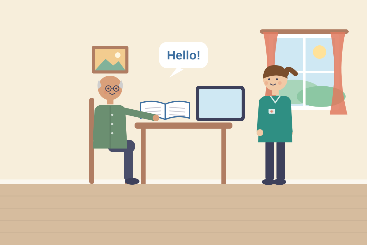 Senior uczy się języka z książką i tabletem