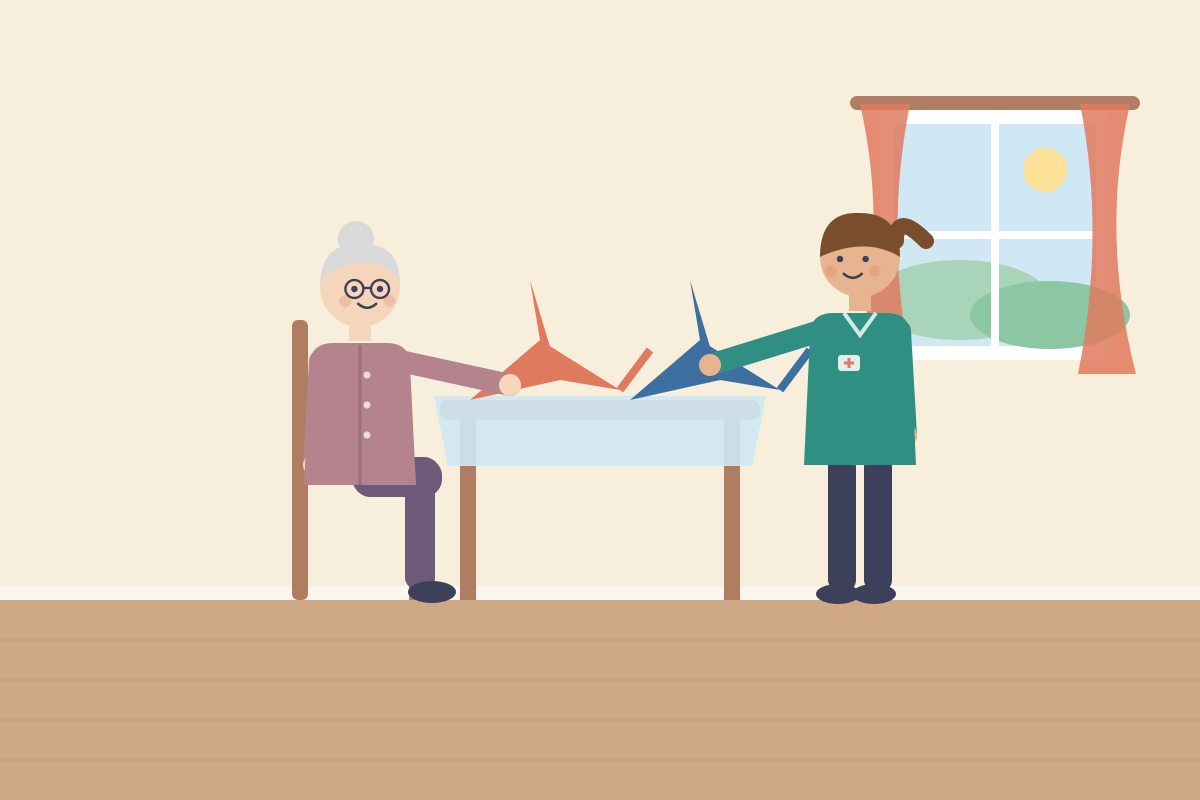 Papierowe żurawie origami na stole, seniorka i opiekunka