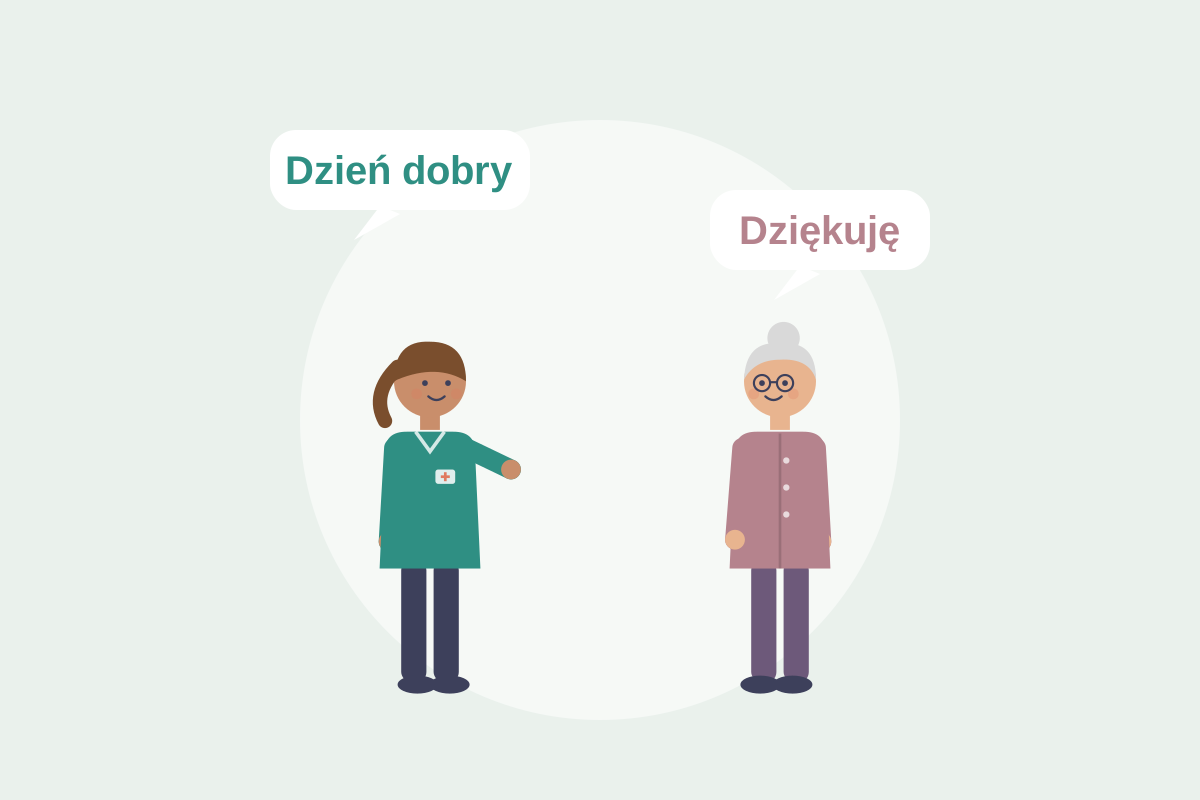 Opiekunka i seniorka z dymkami „Dzień dobry” i „Dziękuję”