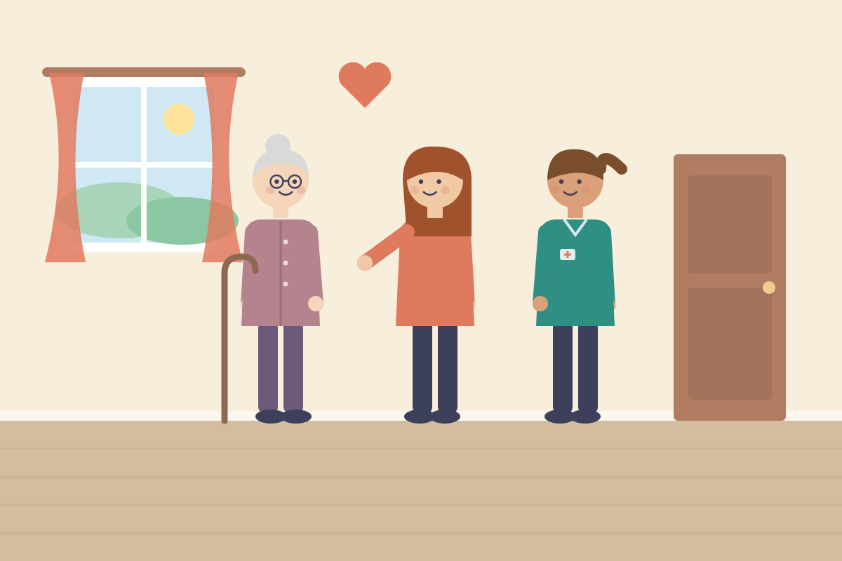 Seniorka rozmawia z sąsiadką i opiekunką przy drzwiach