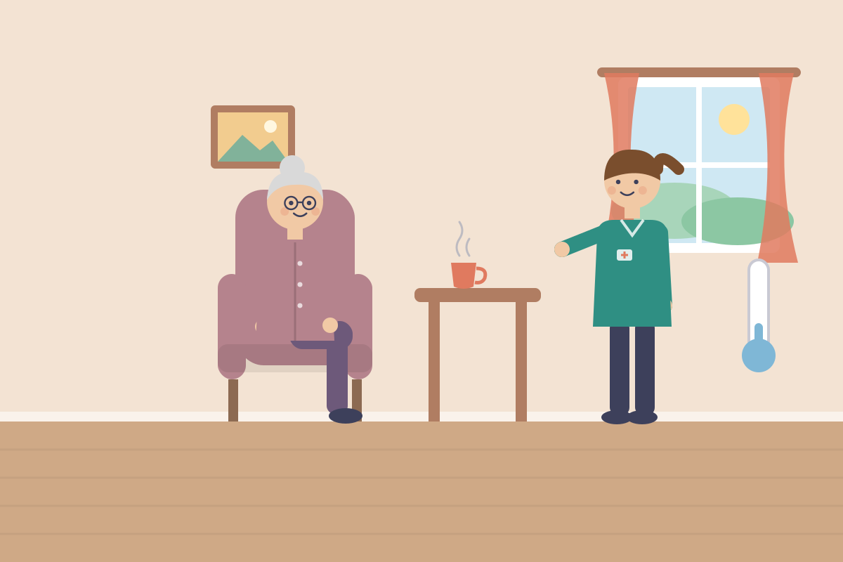Seniorka pod kocem z herbatą, opiekunka z termometrem
