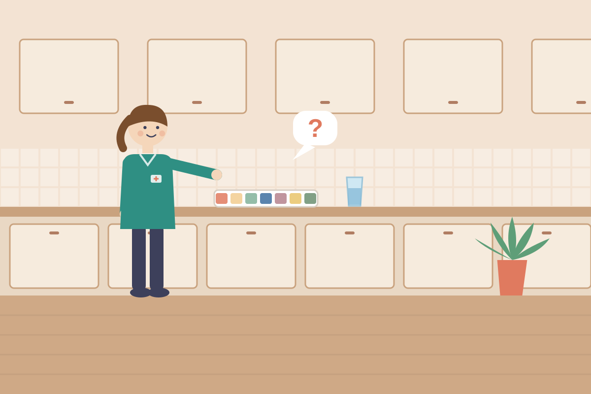 Organizer na leki i szklanka wody na stole, opiekunka obok