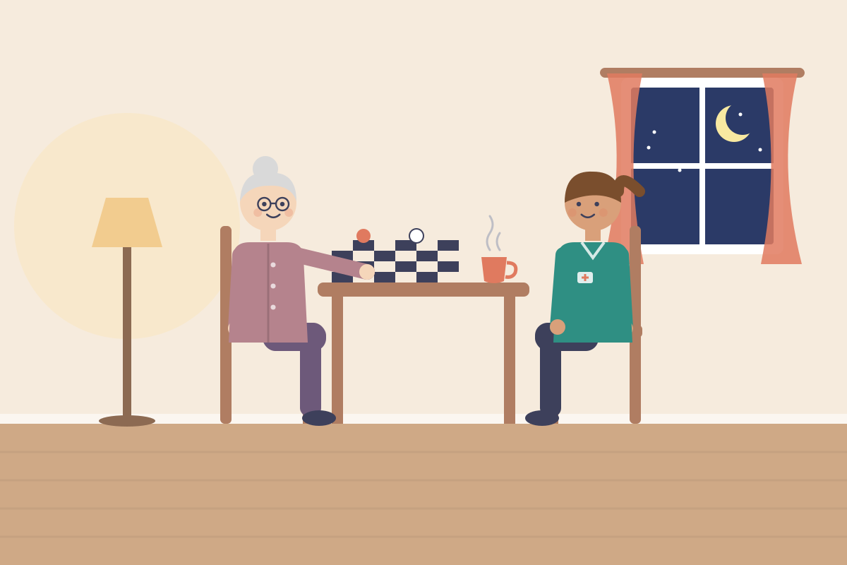 Seniorka i opiekunka przy lampie wieczorem z grą i herbatą