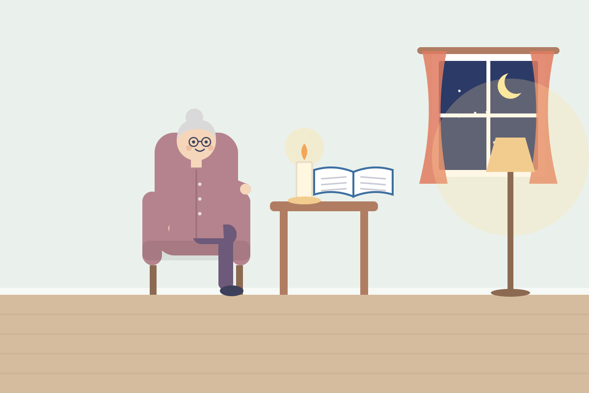 Seniorka w fotelu przy świecy i otwartej książce wieczorem